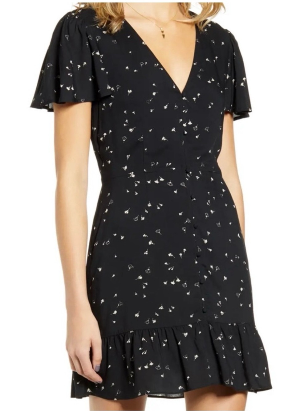 PAIGE Black V-Neck Floral Button-Front Mini Dress